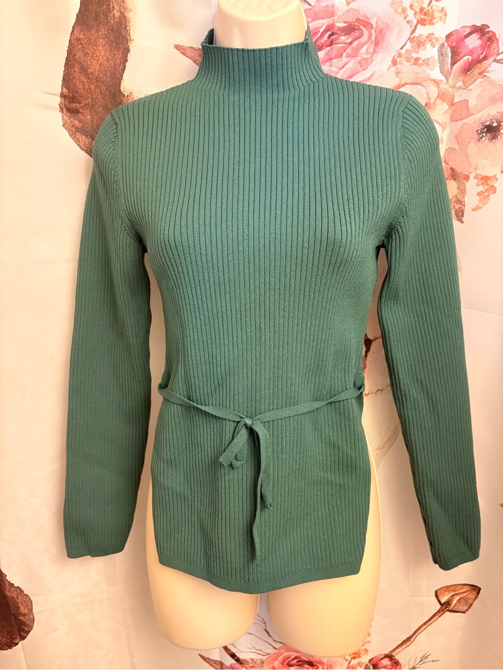 Medium Babaton Green Rib-Knit Mock Neck Sweater with Waist Tie